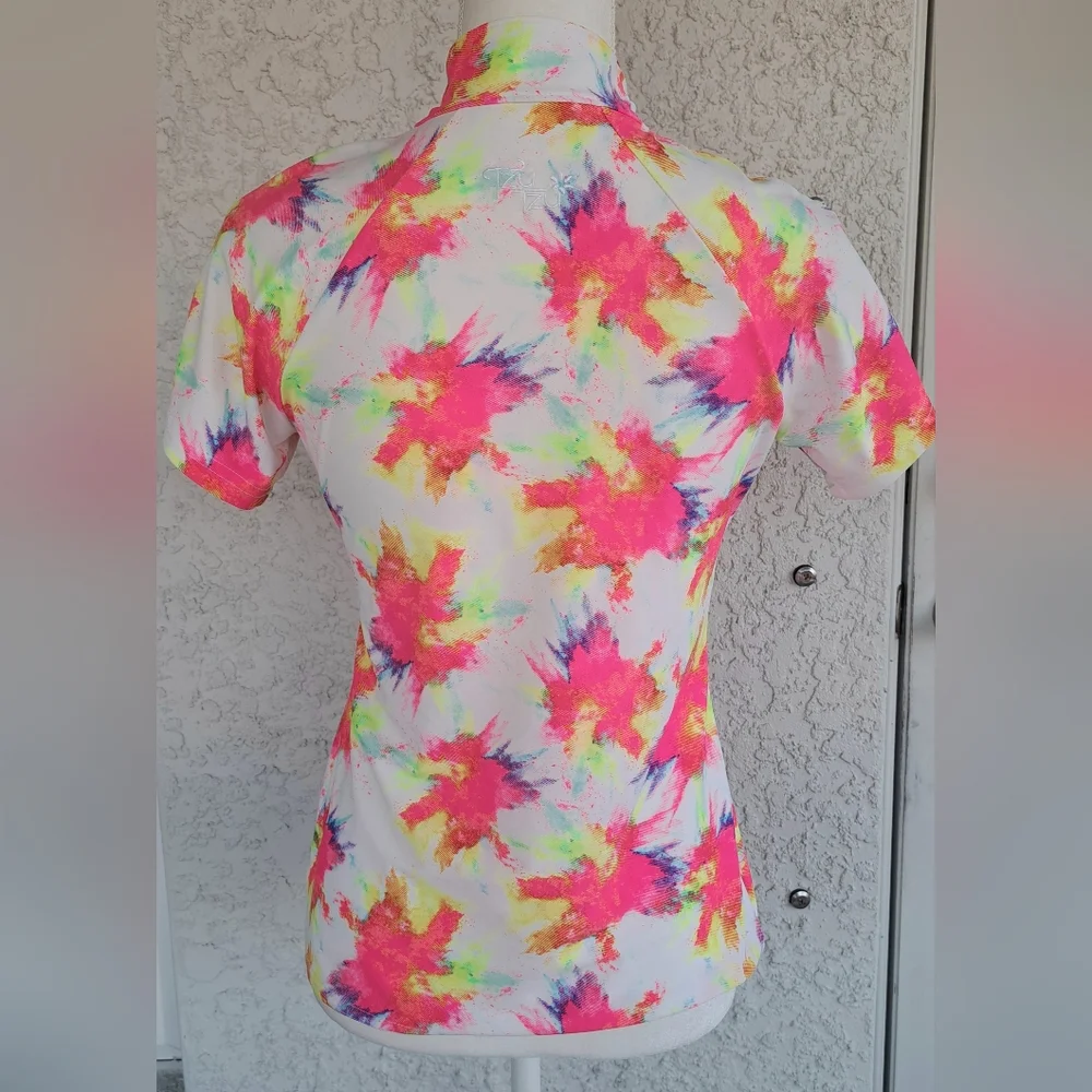 Tzu Tzu Women's Colorful Short Sleeve Zip-Up Top - Picture 3 of 6